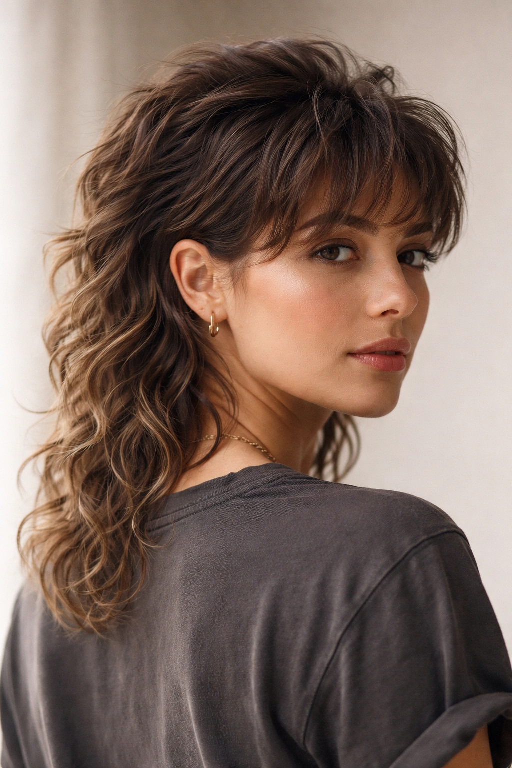 Close-up portrait of a person with a modern wavy mullet featuring longer back waves and a refined top