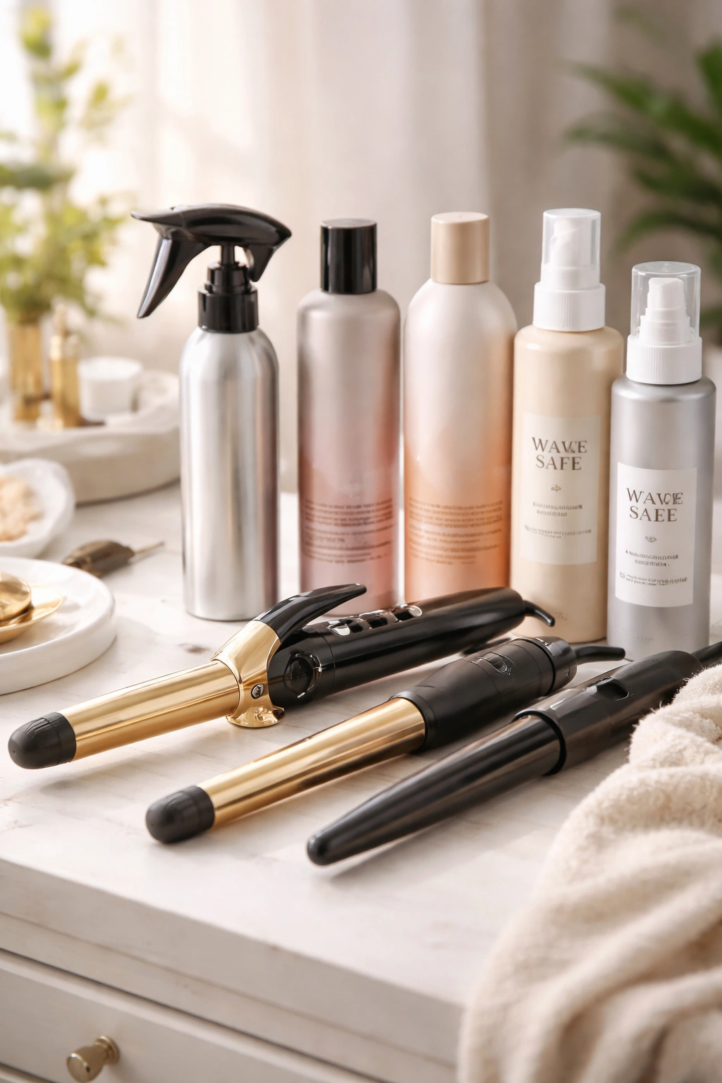 Close-up of styling tools and products for wavy ombre hair on a clean vanity