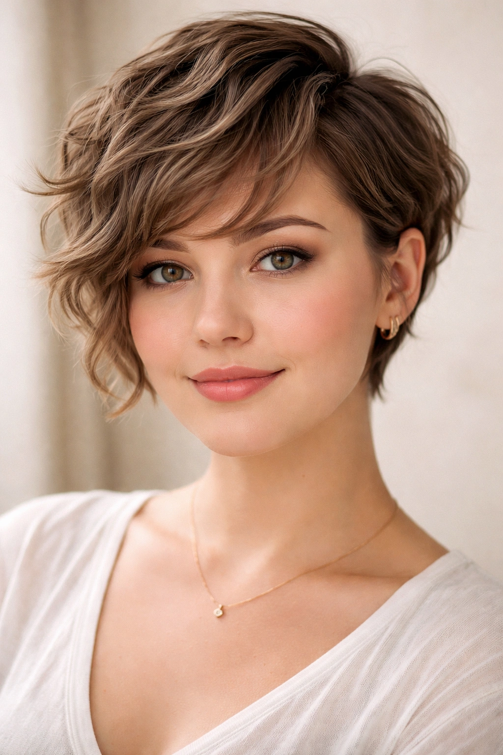 Wavy pixie bob hybrid hairstyle with framing pieces and crown height.