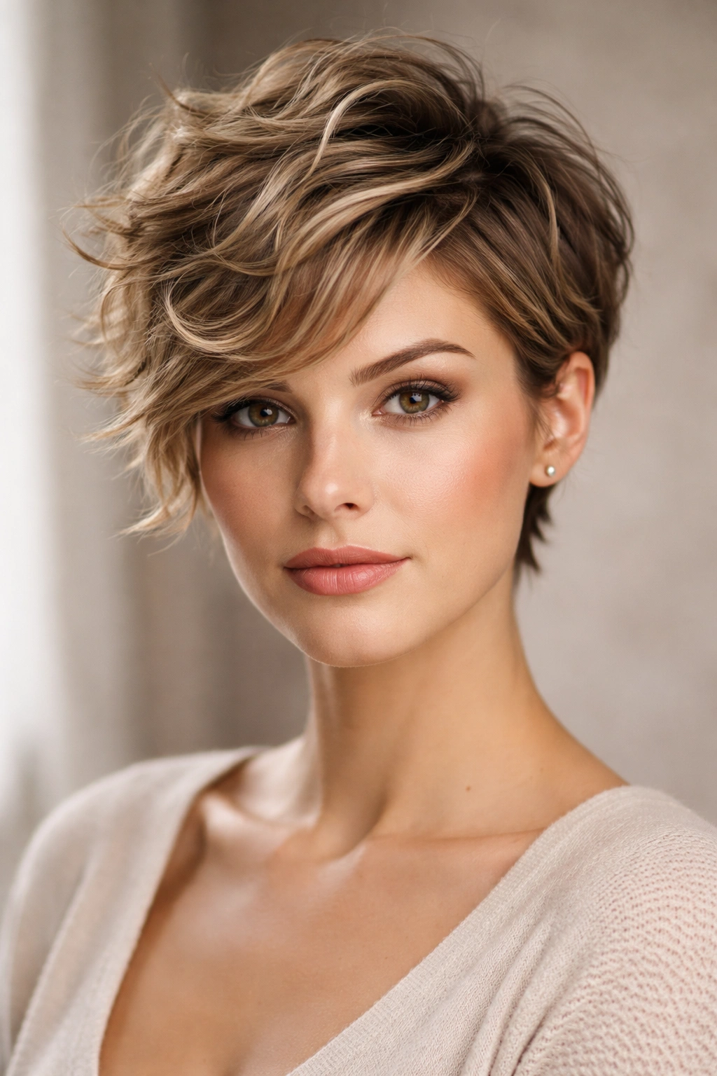 Front portrait of a wavy pixie with longer top layers and soft face-framing pieces