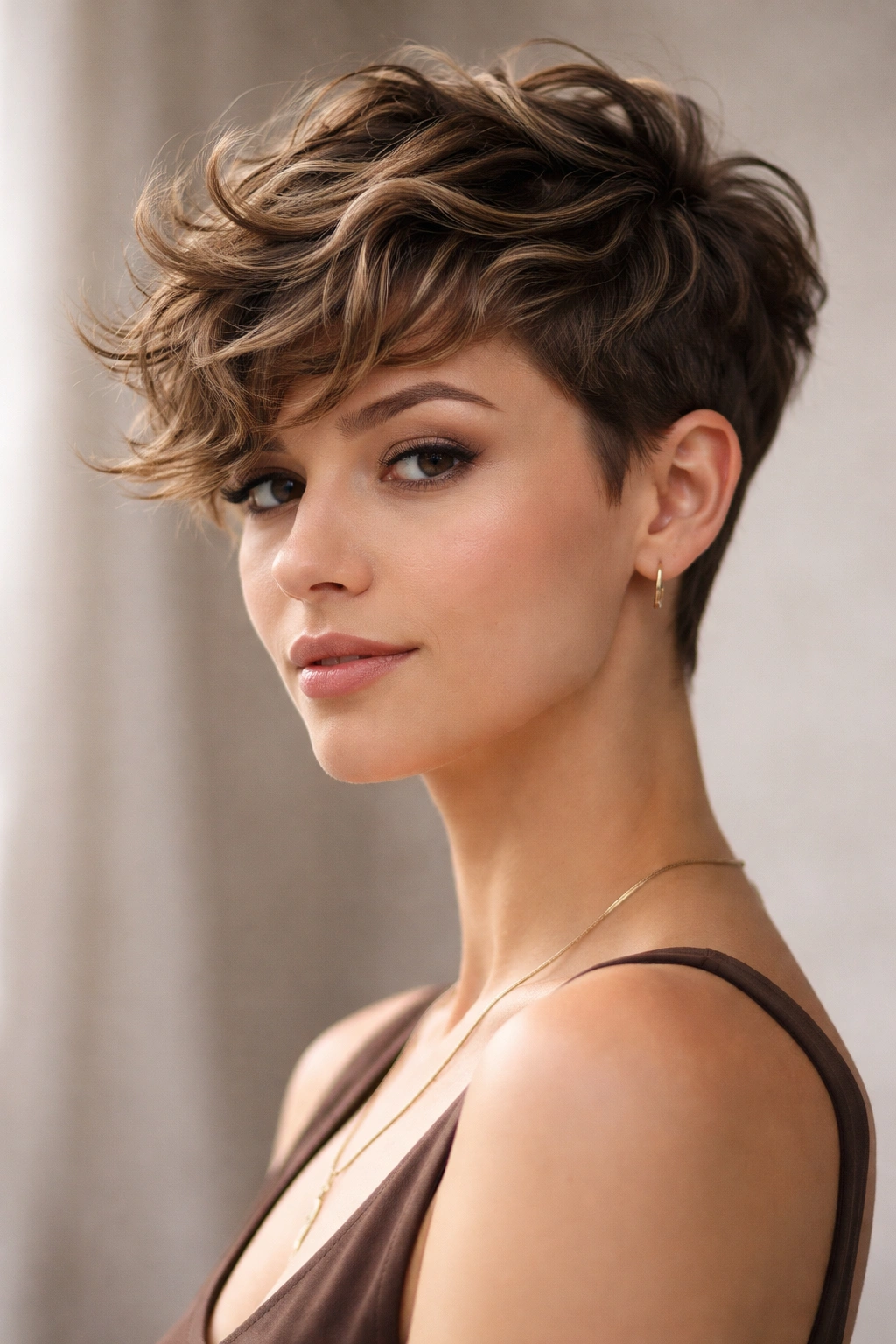 Close-up portrait of a model with a wavy pixie on top and short sides