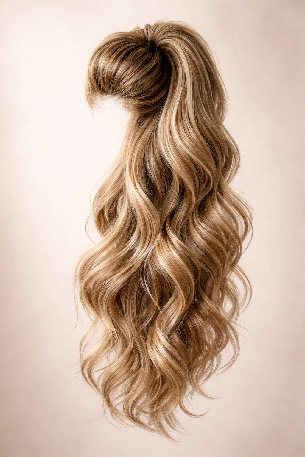 Wavy ponytail extension with enhanced root volume and waves