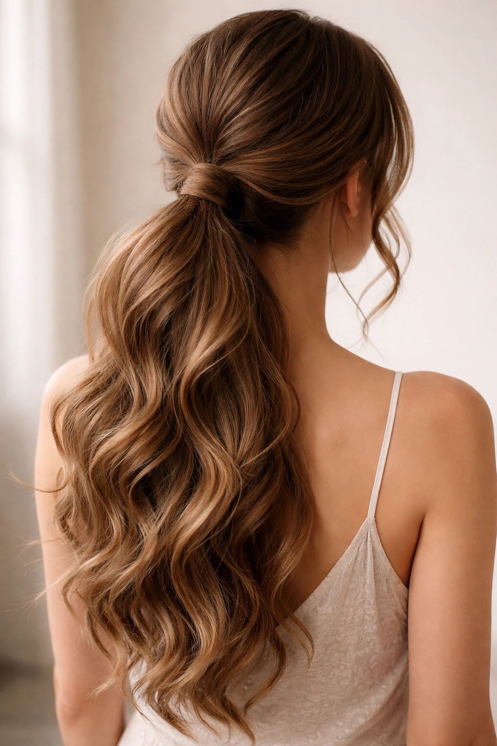 Back view of a long wavy ponytail with a wrapped base.
