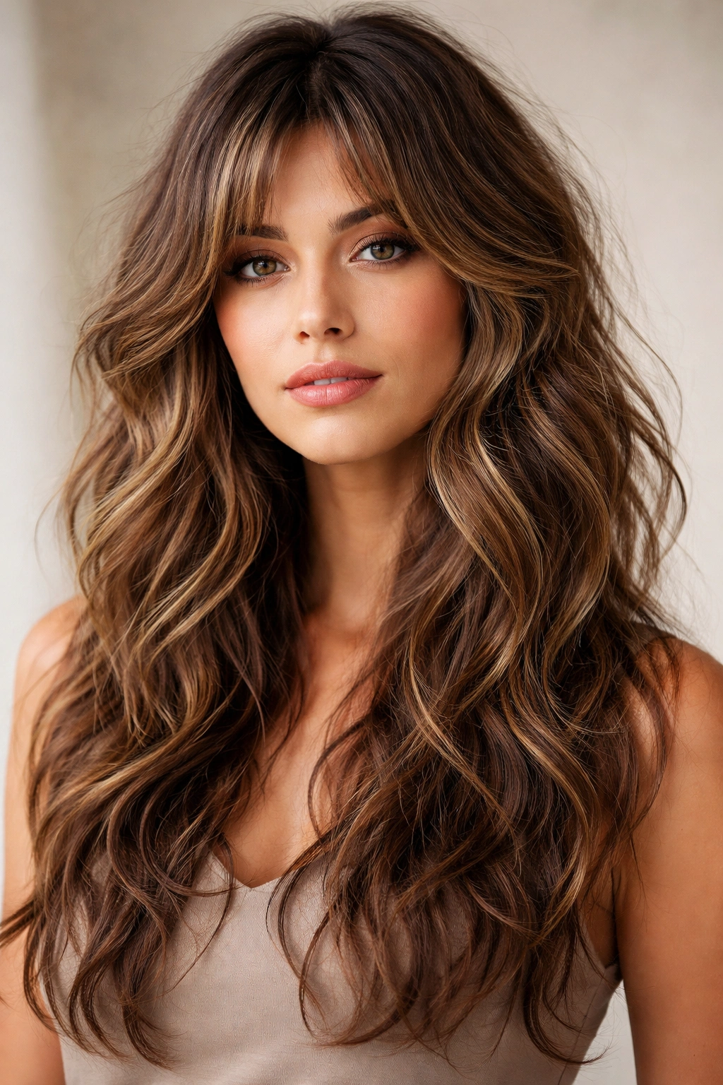 Close-up of a model with a wavy shag cut featuring layered, textured waves
