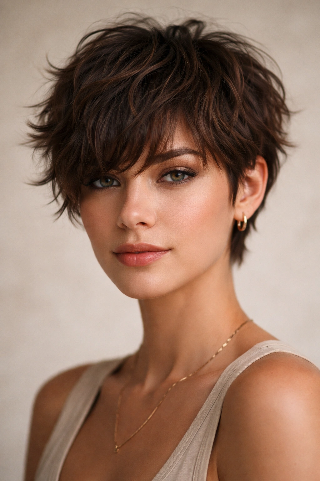 Wavy textured crop with bangs showing movement and softness