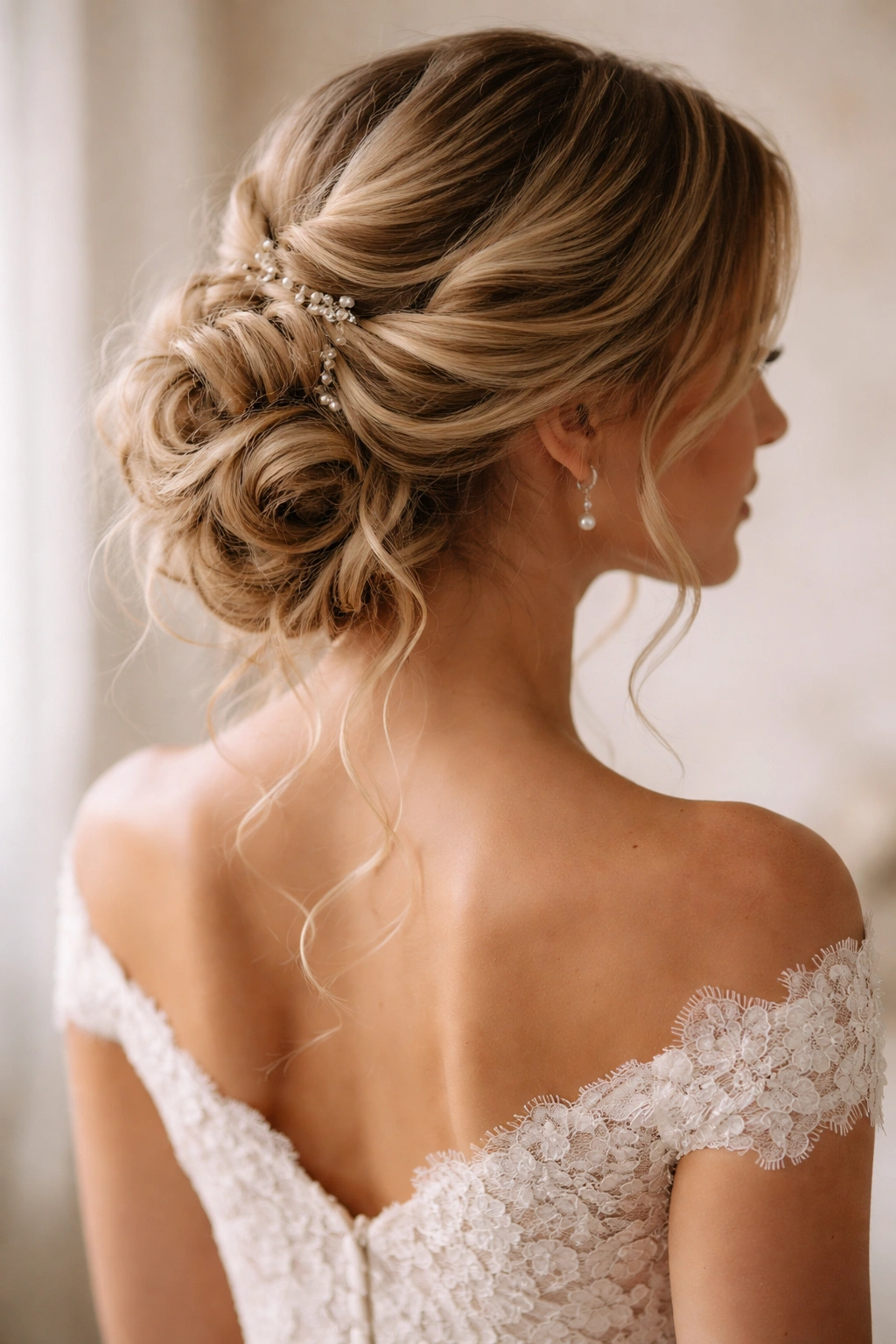 Close-up of a bride's head and shoulders with a romantic wavy updo and loose tendrils