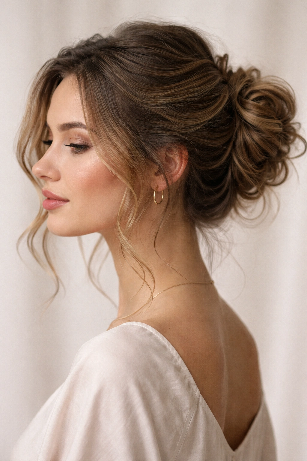 Portrait of a person with a textured wavy updo, soft studio lighting, neutral background