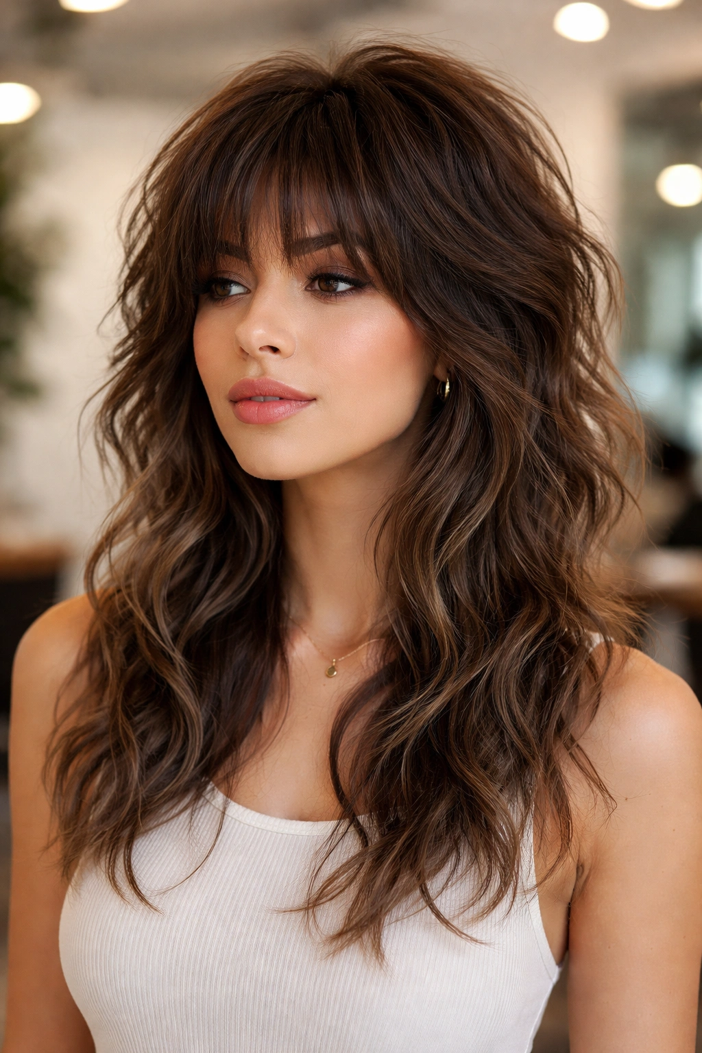 Wavy wolf cut hairstyle with short top layers and longer bottom creating dramatic texture