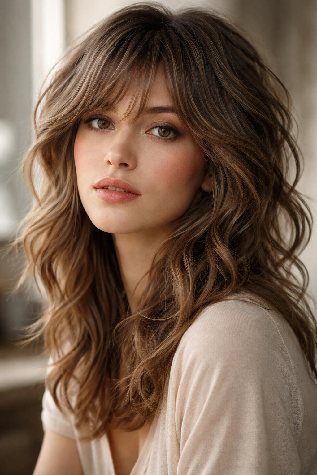 Close-up of a person with a wavy wolf cut showing texture and layered waves