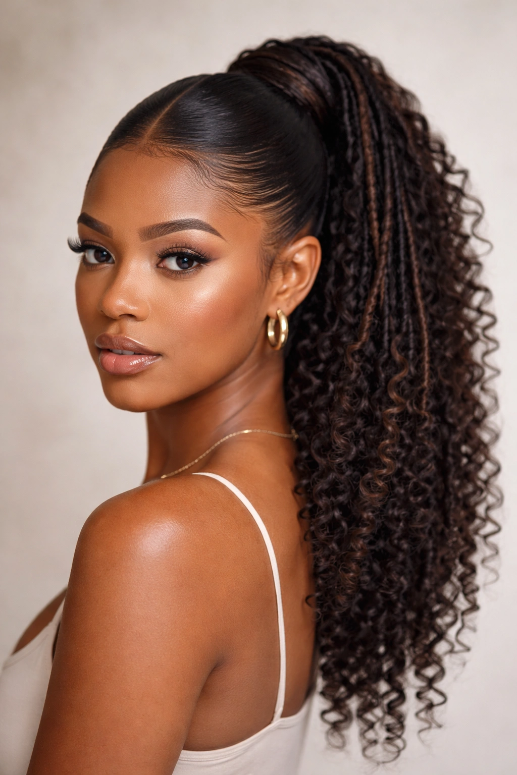 Center-parted weave with locs forming a sleek ponytail on curly hair.