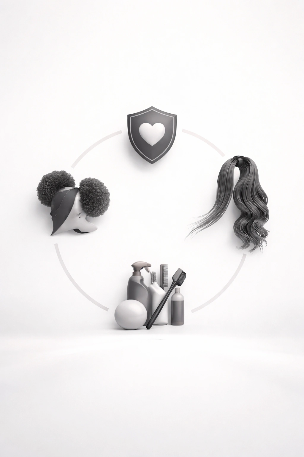 Abstract minimalist infographic showing four icons representing weave ponytail takeaways without text