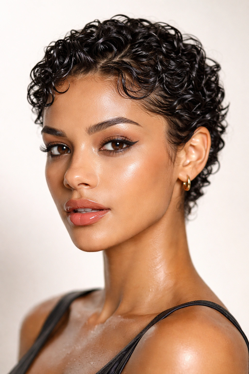 Close-up of short curls with glossy wet finish
