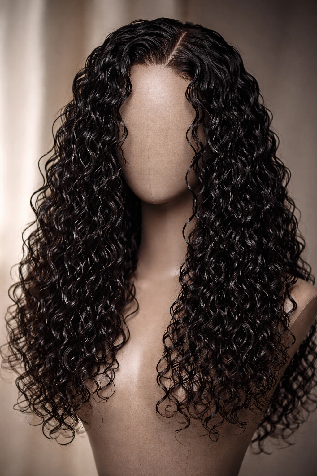 Wet-look defined curls wig on a mannequin head with high shine and defined clumps.