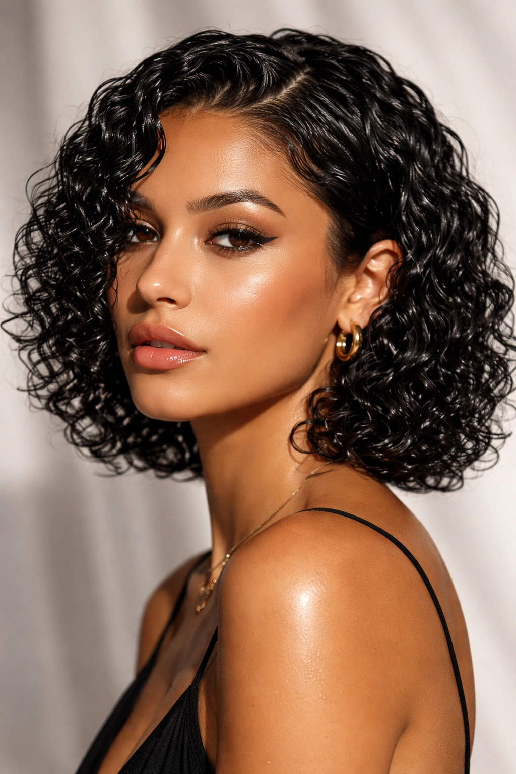 Wet-look curly bob with glossy shine and defined curls