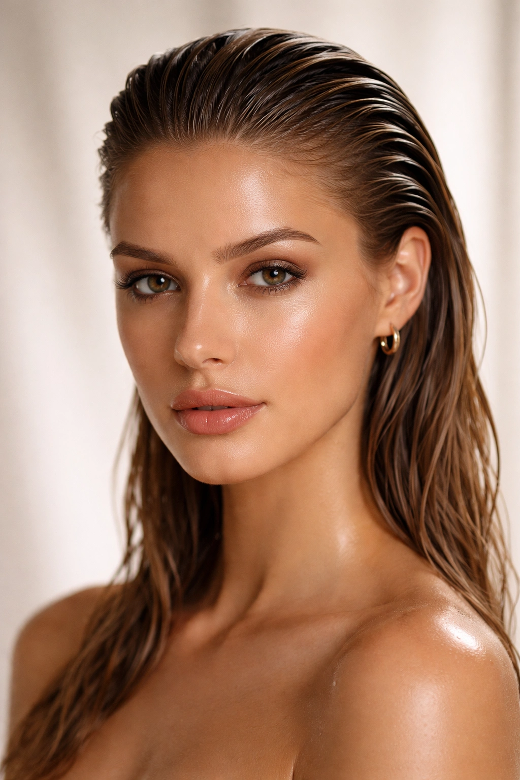 Glossy wet-look slicked-back hairstyle on damp hair with waves