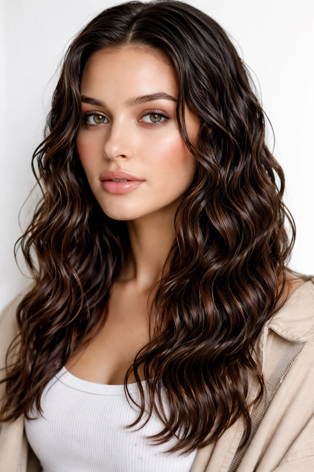 Hair with glossy wet-look waves and high shine