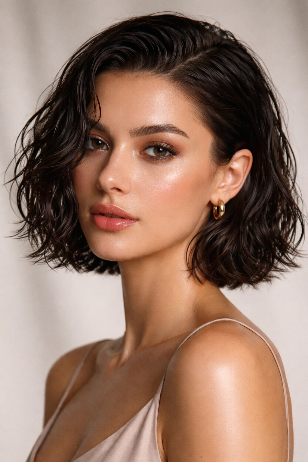 Wet-Look Wavy Italian Bob with sleek, shiny finish