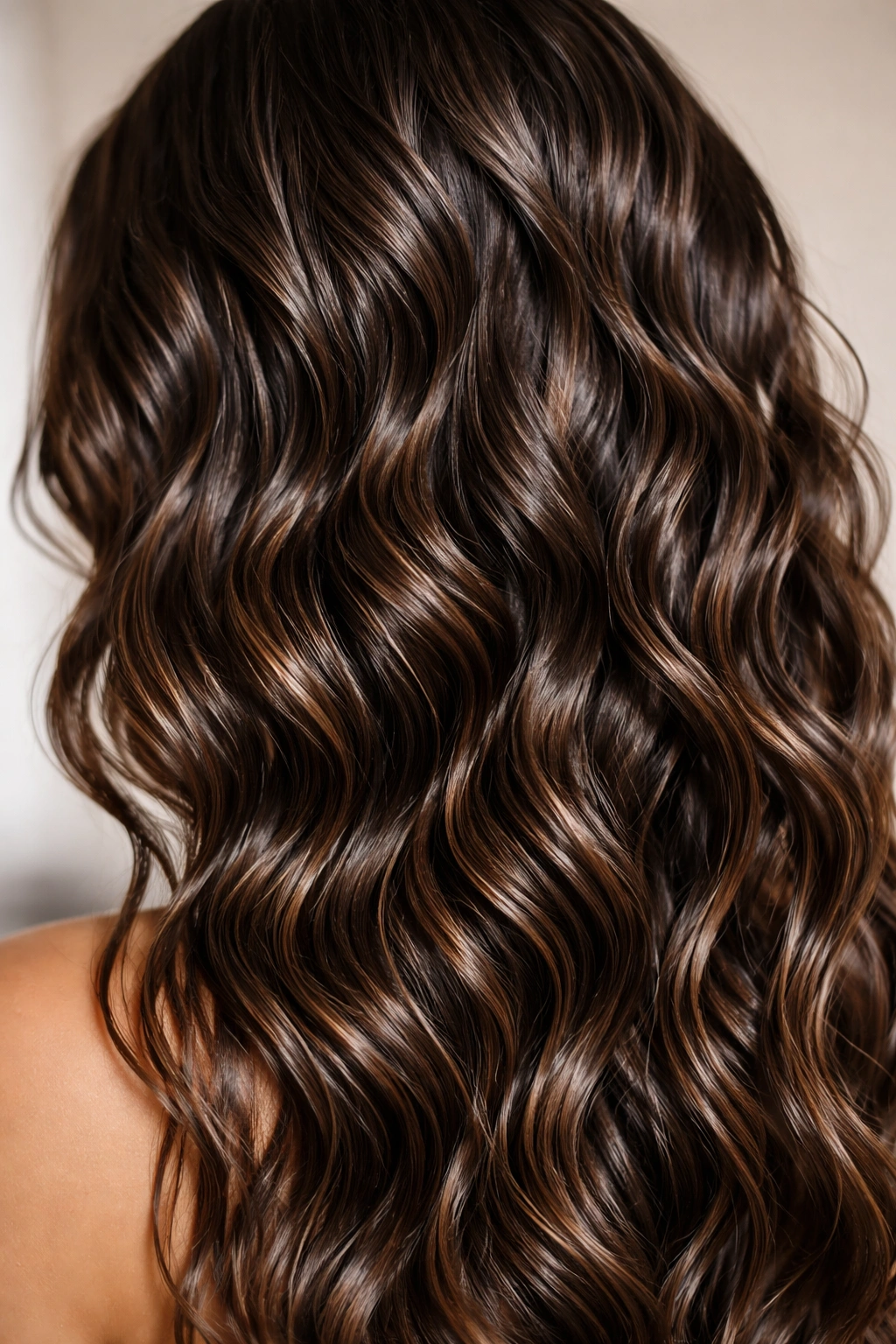 Glossy wet-look waves with gel definition on damp hair.