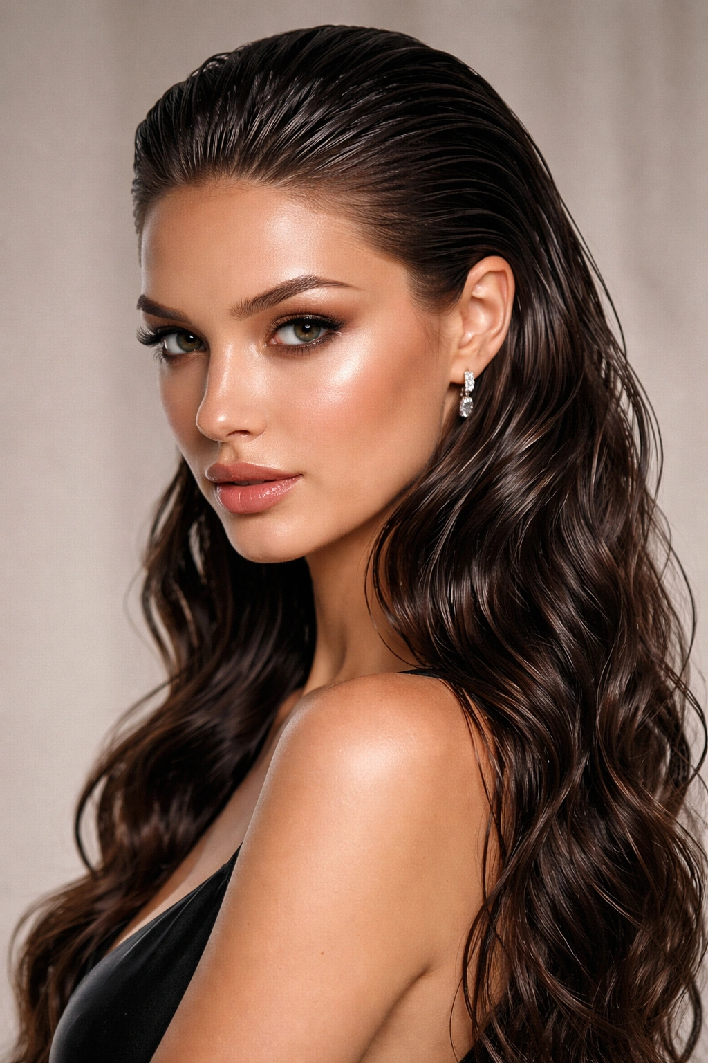 Wet-Look Waves with Sleek Back featuring glossy crown and dramatic waves