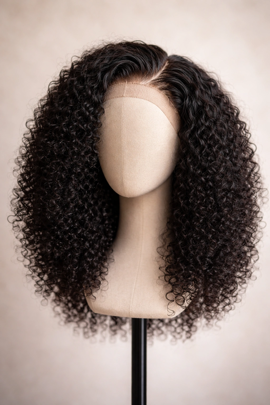Wig on mannequin head showing natural-looking protective hairstyle