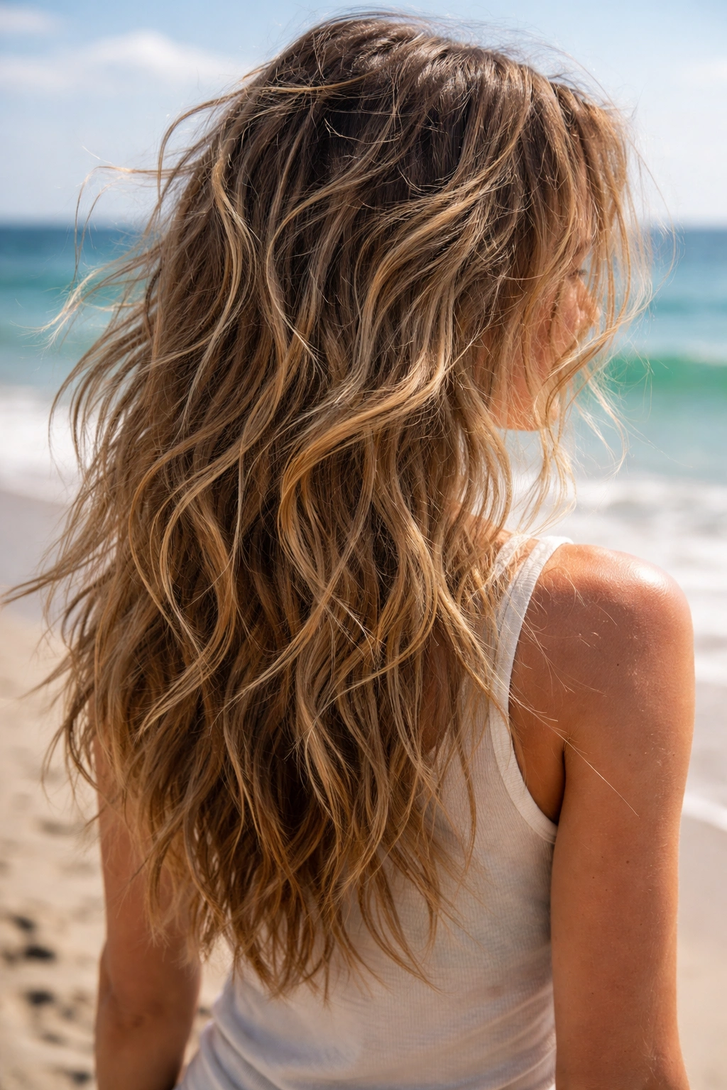 Wind-blown beachy waves with tousled texture and natural movement