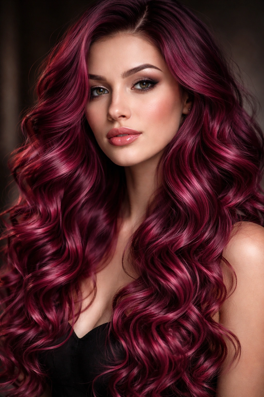 Wine pink deep wavy curls with defined spirals