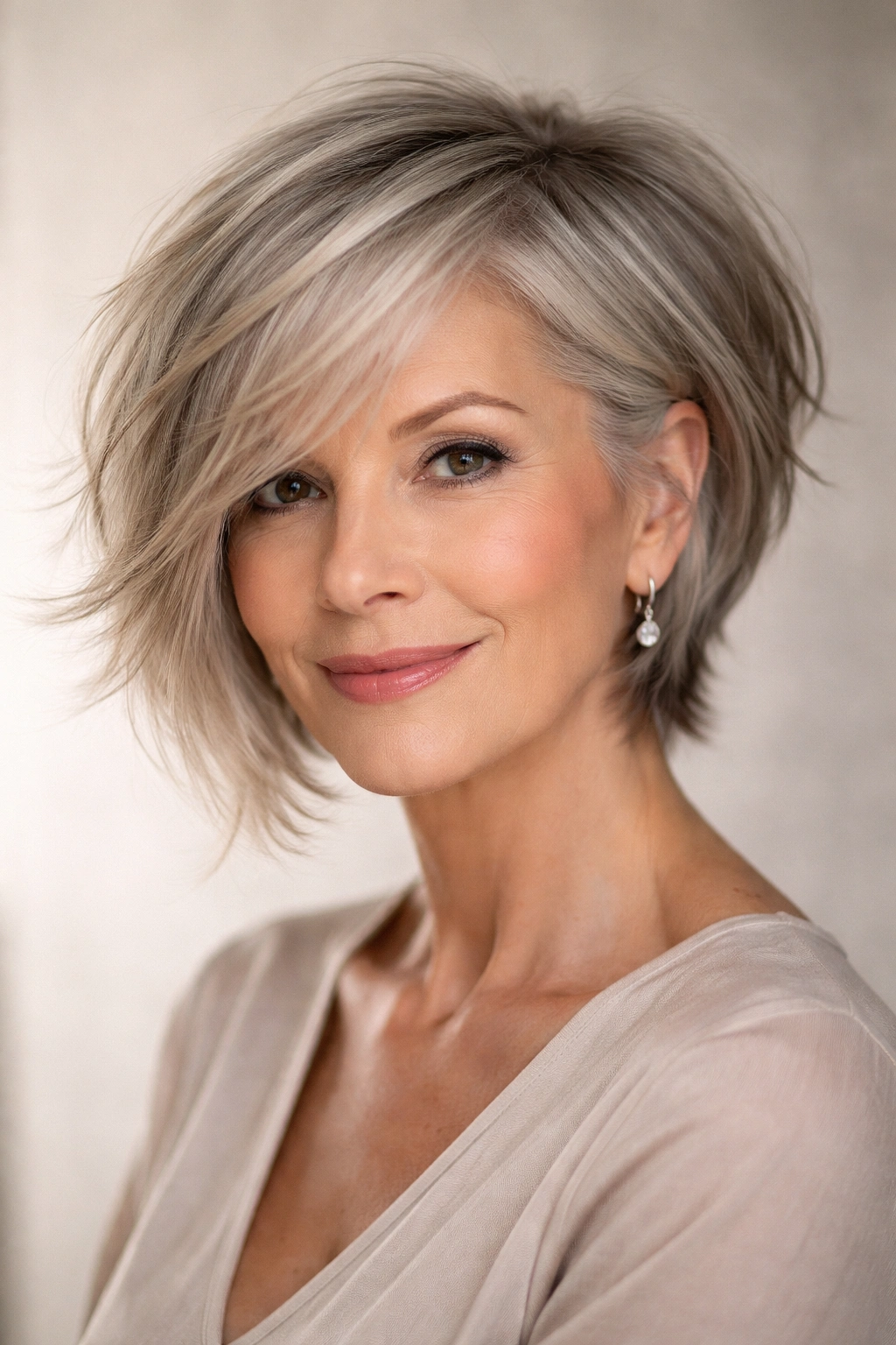 Close-up of a mature woman with a wispy asymmetrical bob showing short and long sides