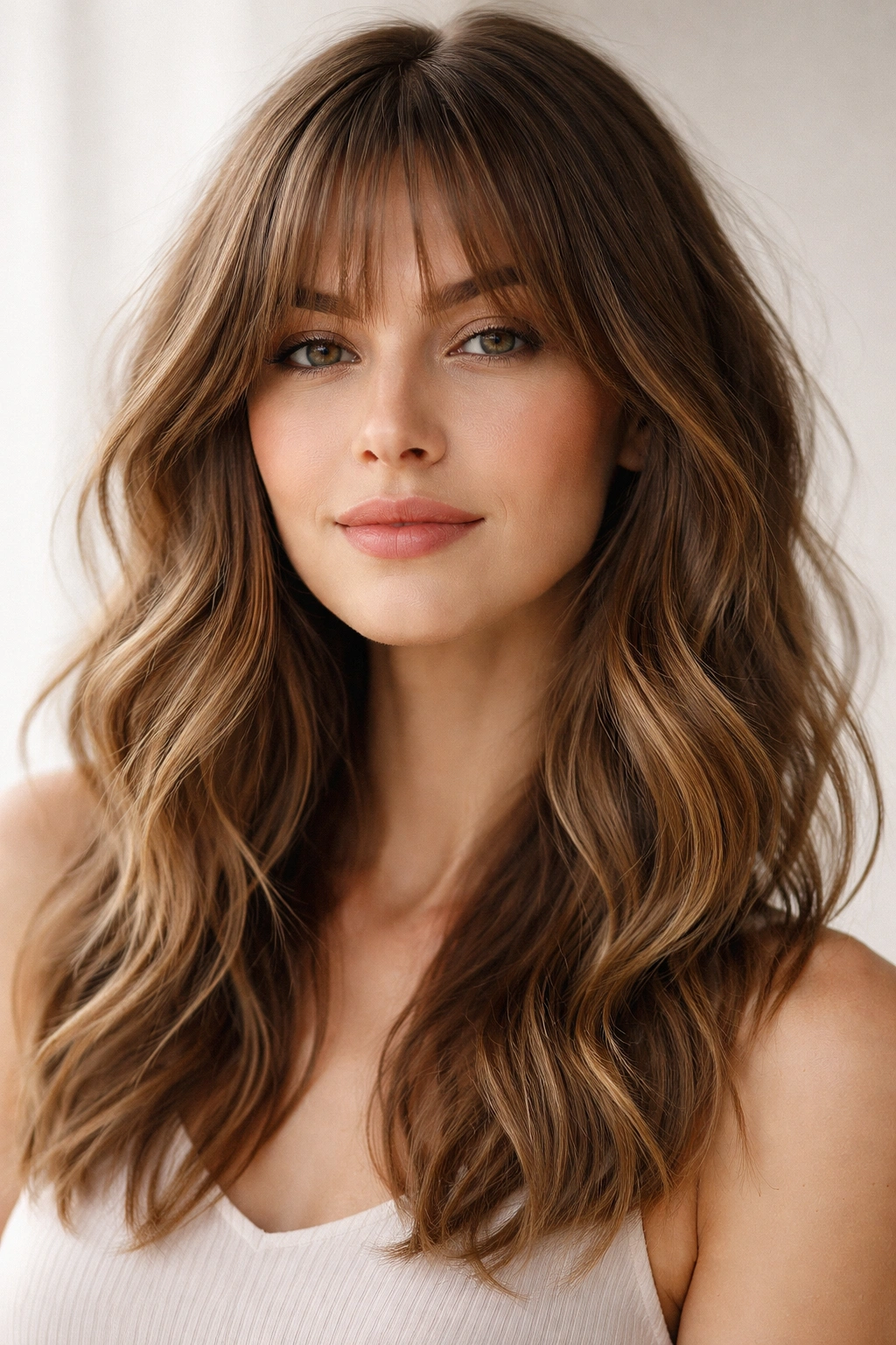 Close-up of wispy bangs and soft beach waves framing a face