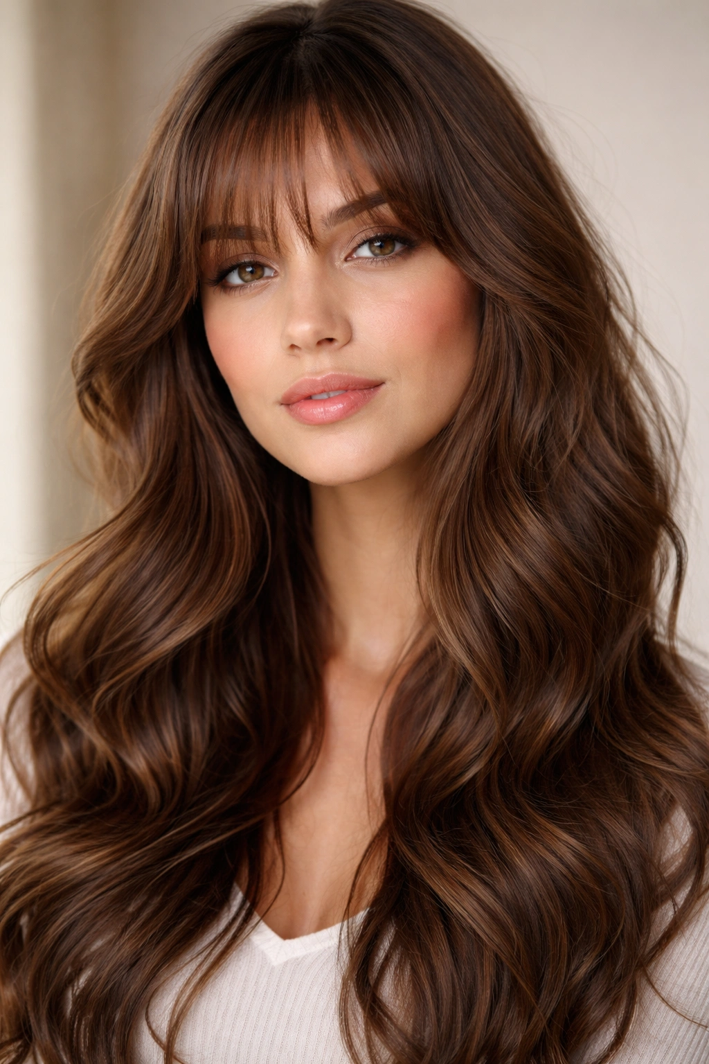 Close-up of brown hair with wispy bangs and long layers.