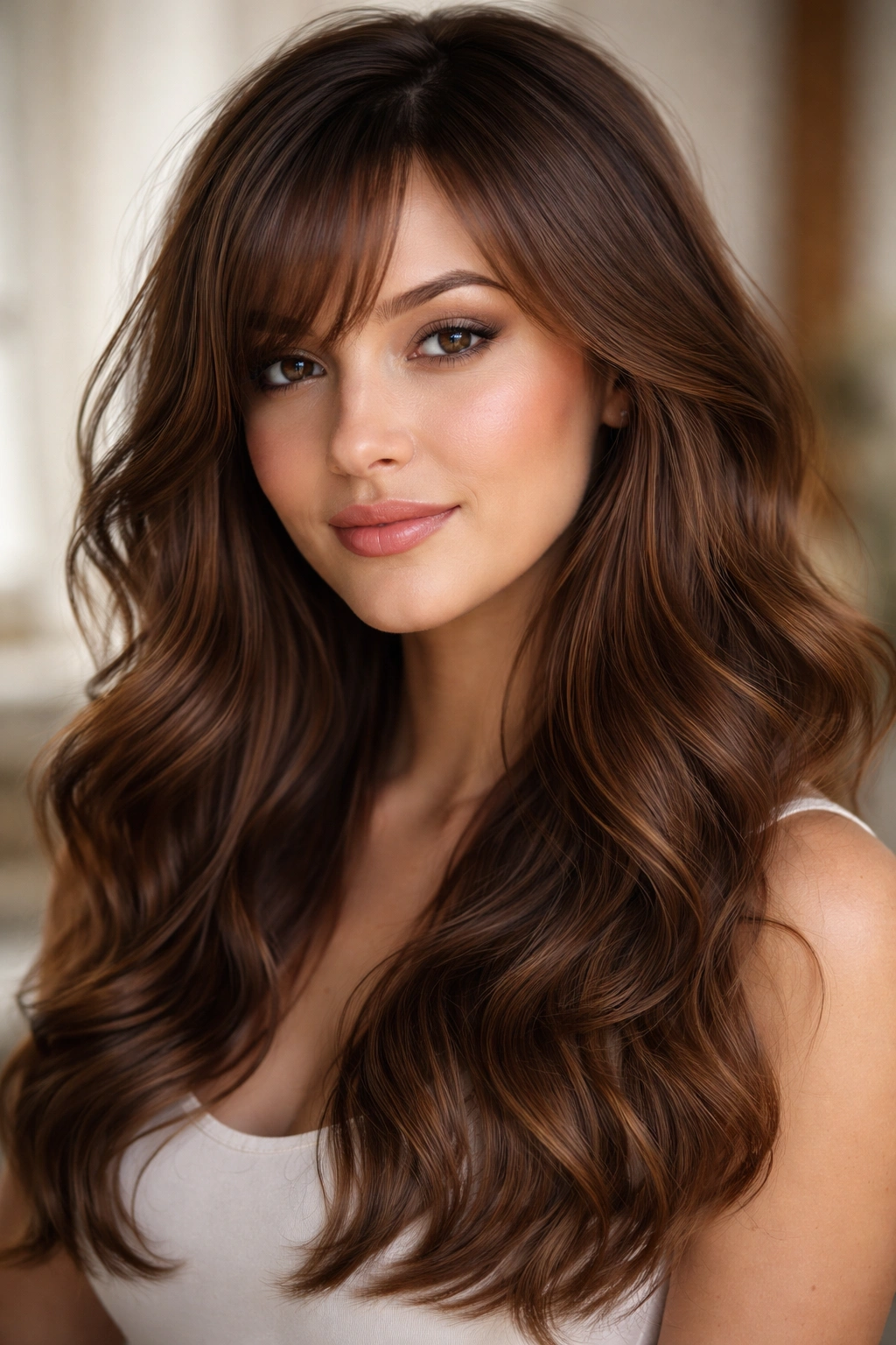 Wispy side bangs with cascading waves framing the face
