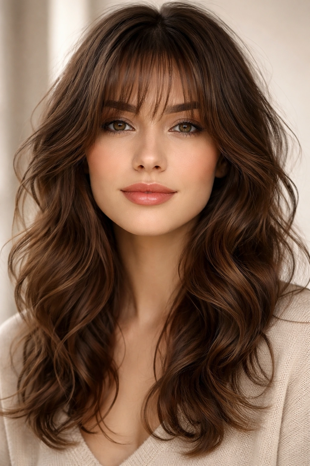 Close-up of wispy bangs with face-framing layers for dimensional softness