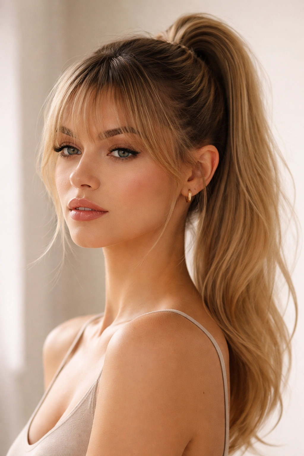 Close-up portrait of soft wispy bangs and high sleek ponytail on a model.