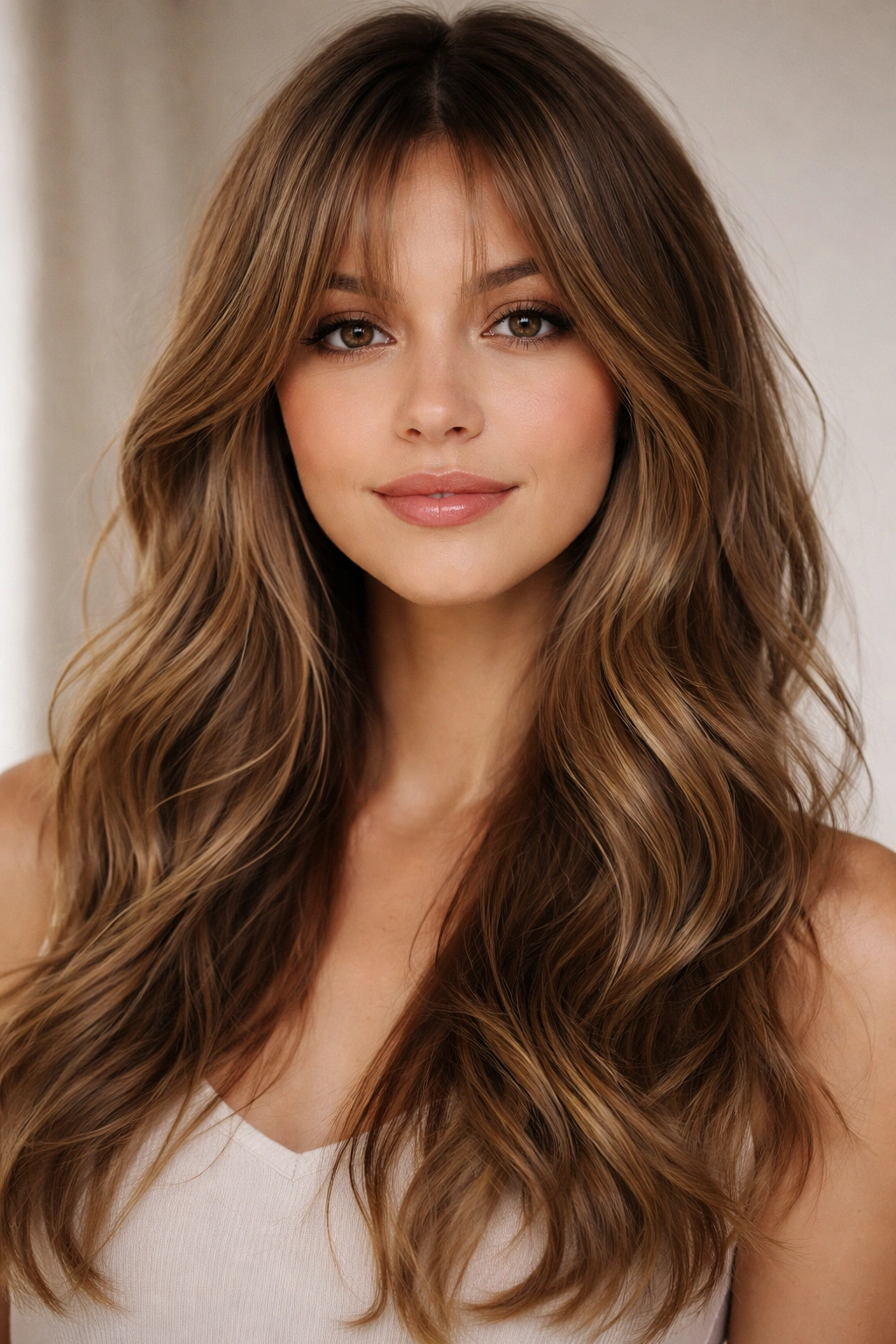Close-up of wispy curtain bangs with layered waves in center-parted styling