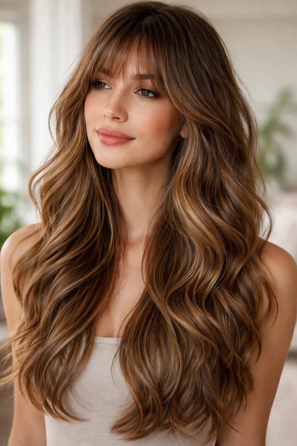 Close-up of wispy bangs with long wavy layers showing face framing