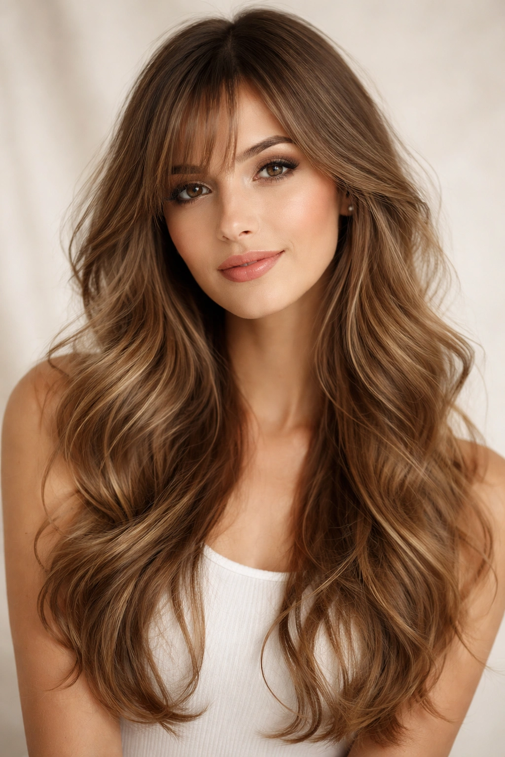 Wispy side bangs with long flowing waves framing the face in a romantic hairstyle