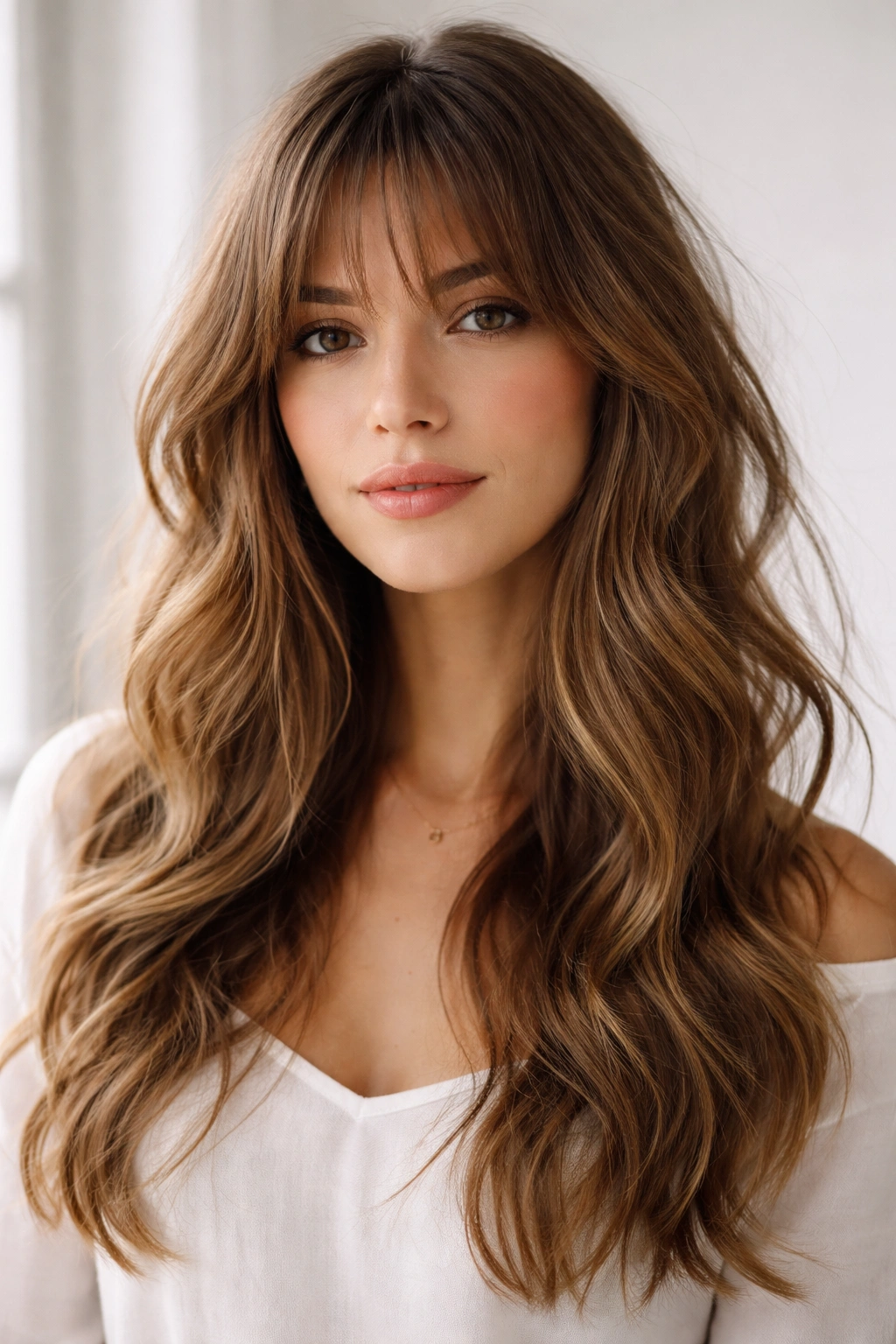 Close-up of wispy bangs with loose, relaxed waves in natural light