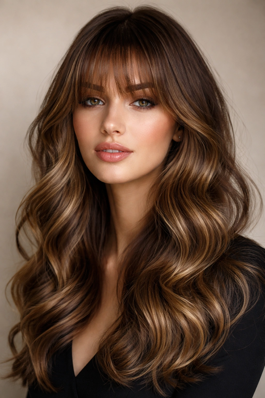 Close-up of wispy bangs with polished waves showing shine and definition