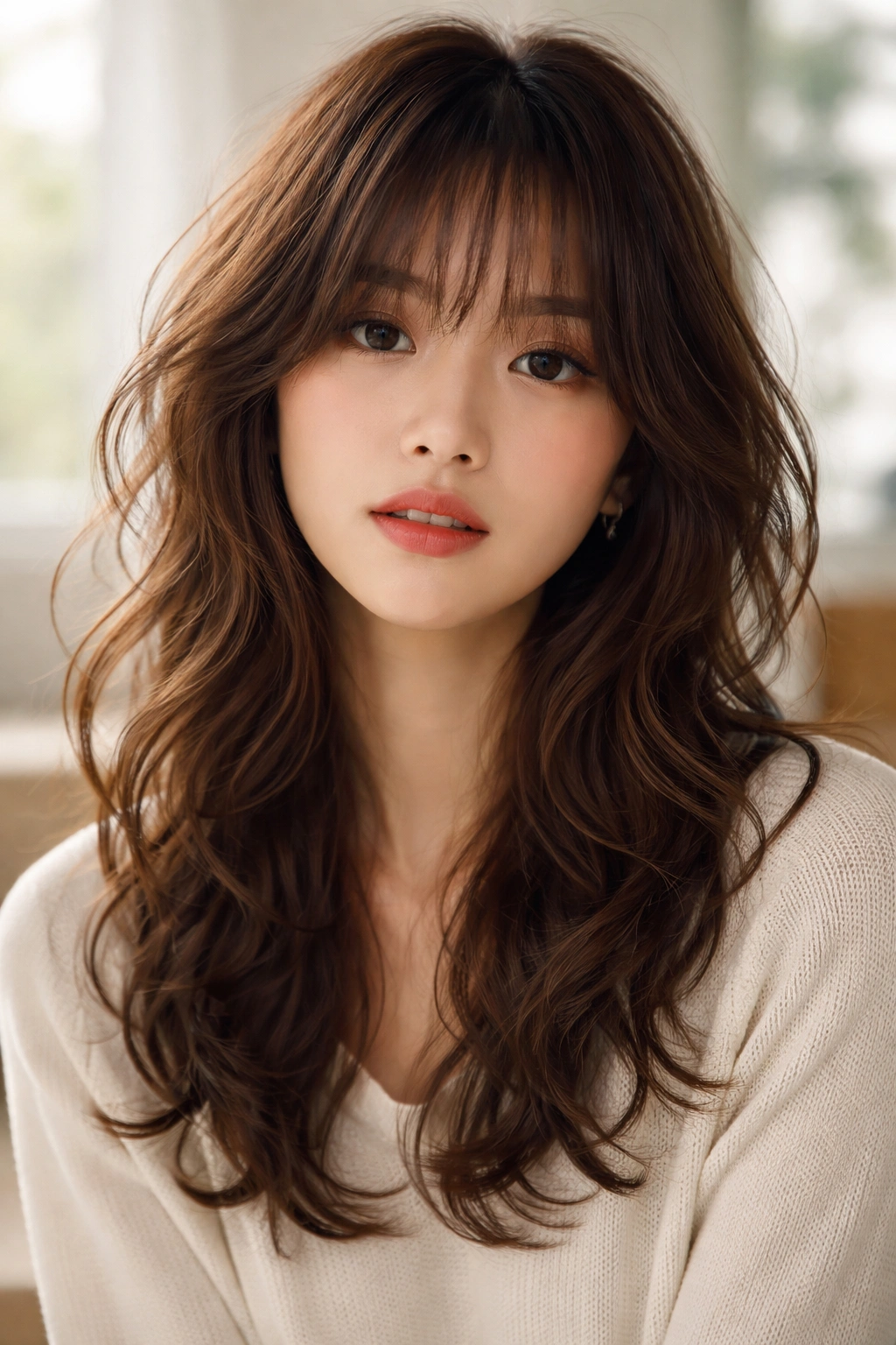 Face-framing wispy bangs over a shag texture hairstyle.