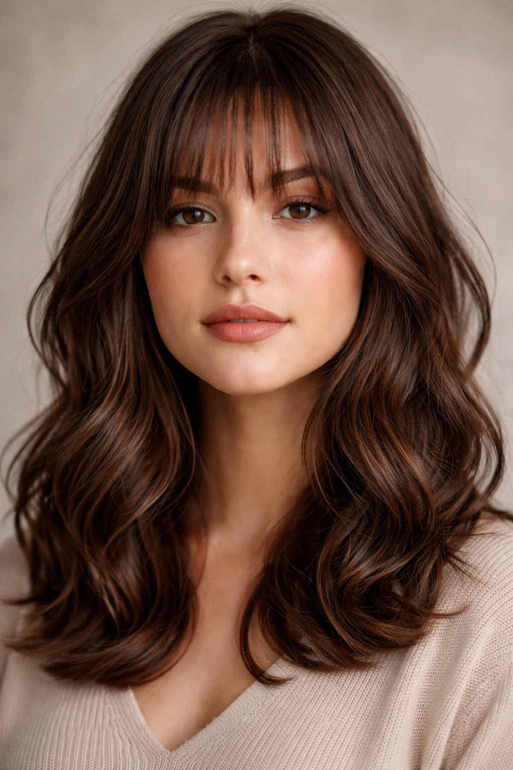 Wispy long bangs with shoulder-length waves close-up.