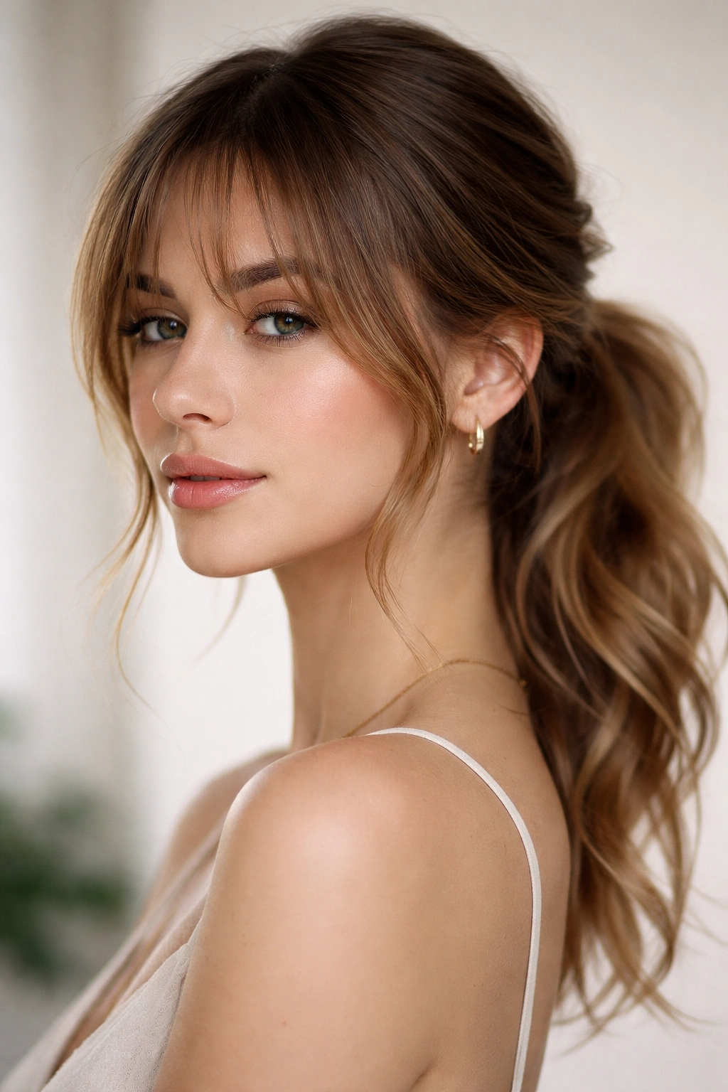 Portrait of wispy parted bangs with a textured loose low ponytail in soft studio light.