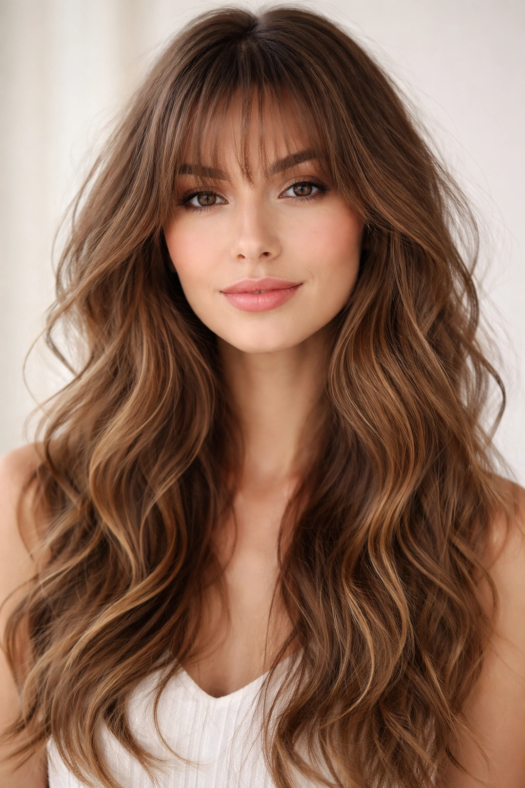 Wispy bangs with soft waves on a model, delicate fringe blending into hair