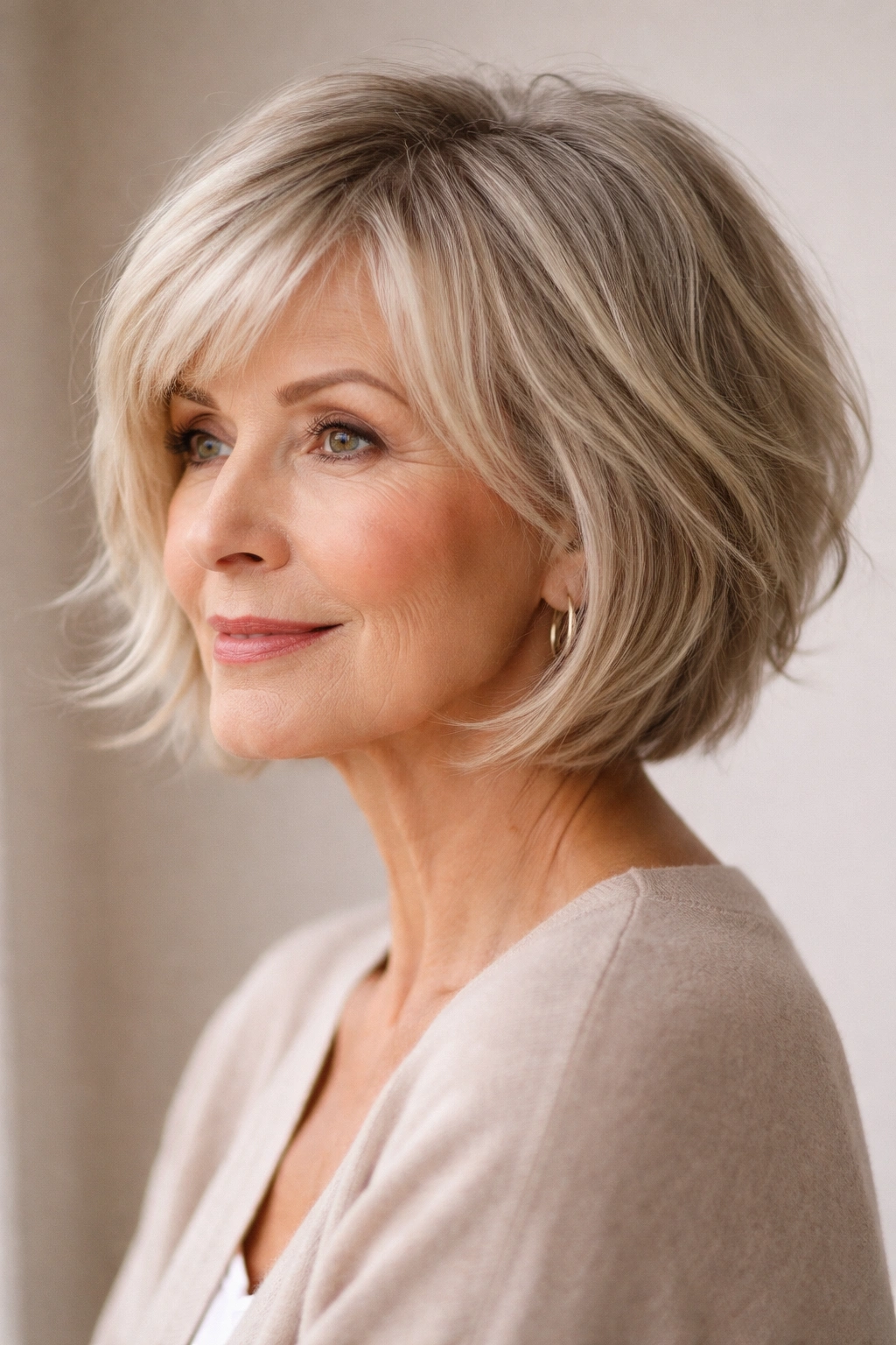 Jaw-length wispy bob with feathered ends creating volume and movement.
