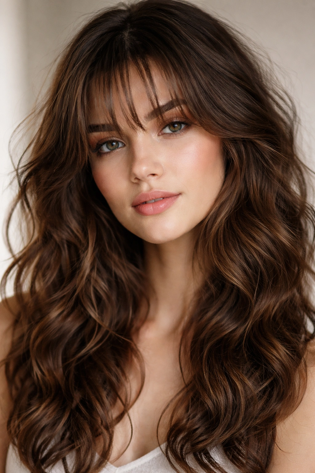 Wispy broken bangs with feathered texture on wavy hair