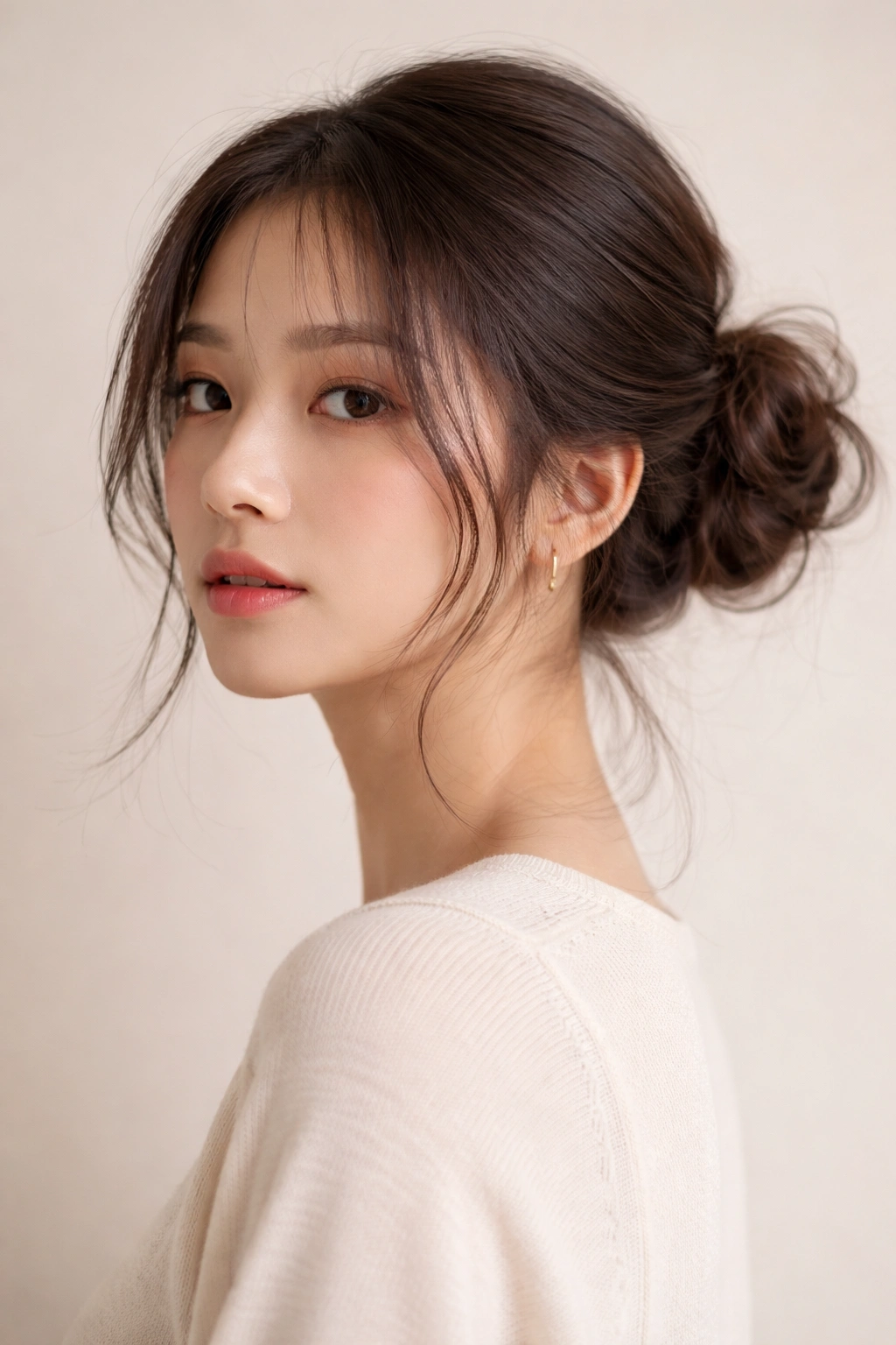 Wispy low bun at the nape with face-framing wisps