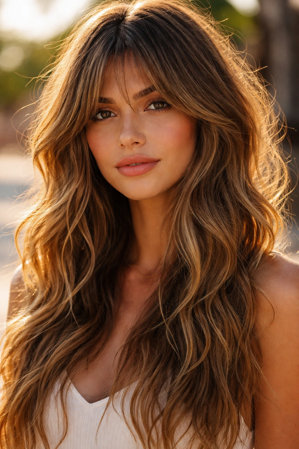 Face-framing wispy curtain bangs with beachy waves
