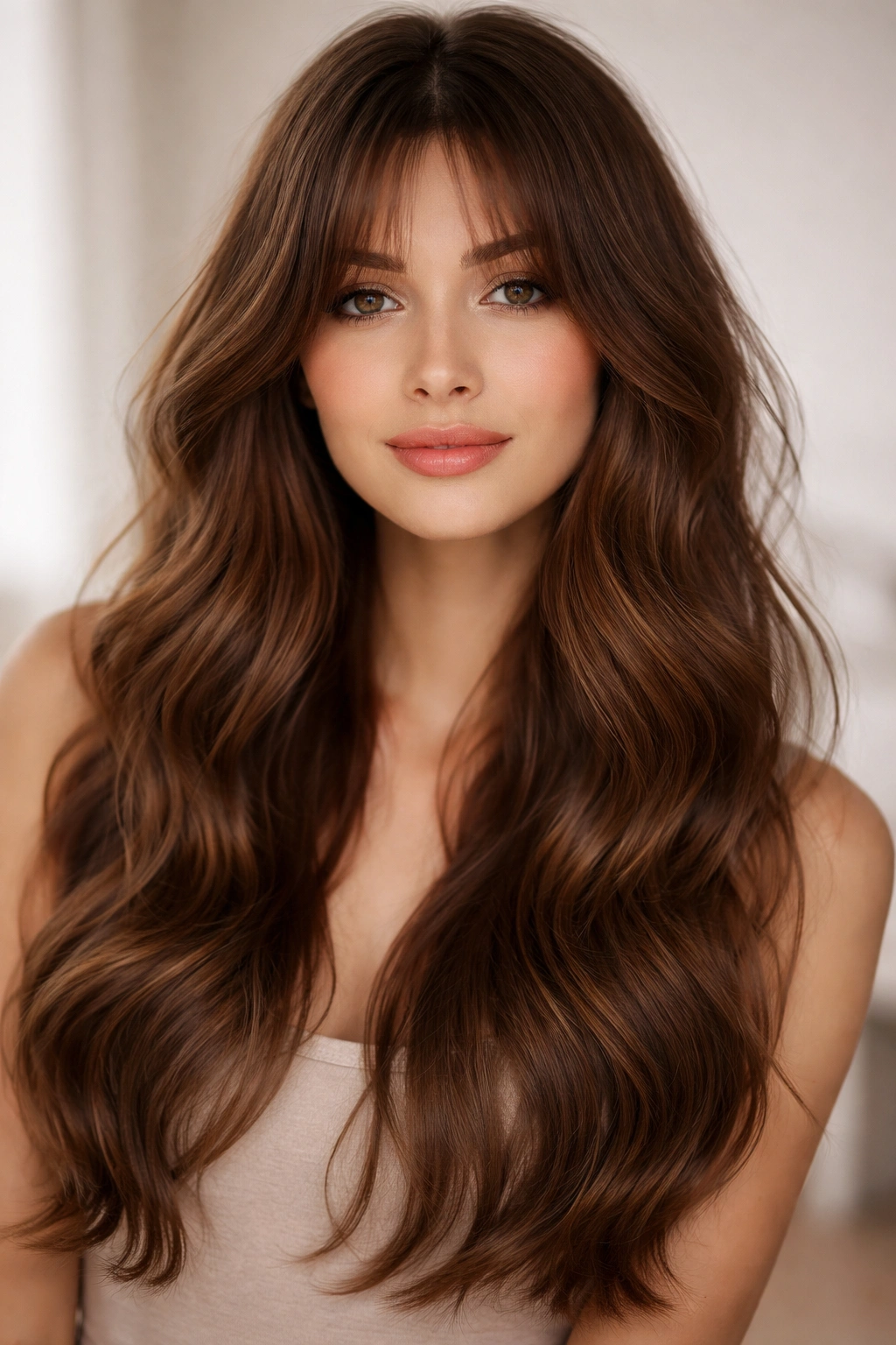 Wispy curtain bangs with soft waves in warm brown hair