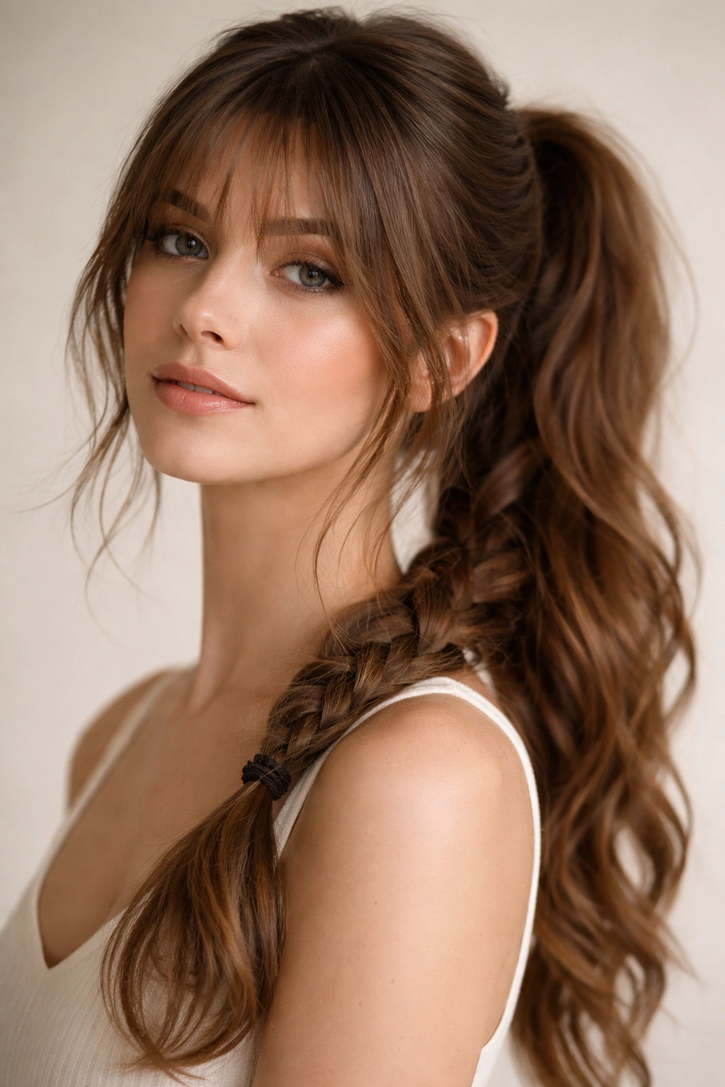 Close-up of wispy curtain bangs with a braided ponytail.