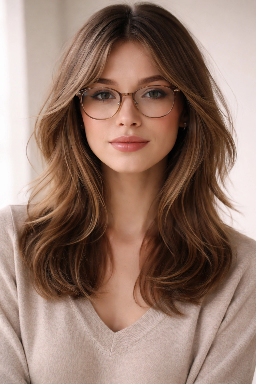 Center-part wispy curtain cut with glasses