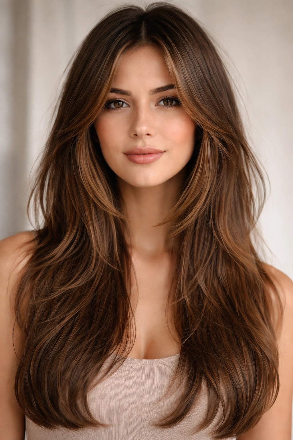 Long hair with wispy face-framing layers around the jaw.