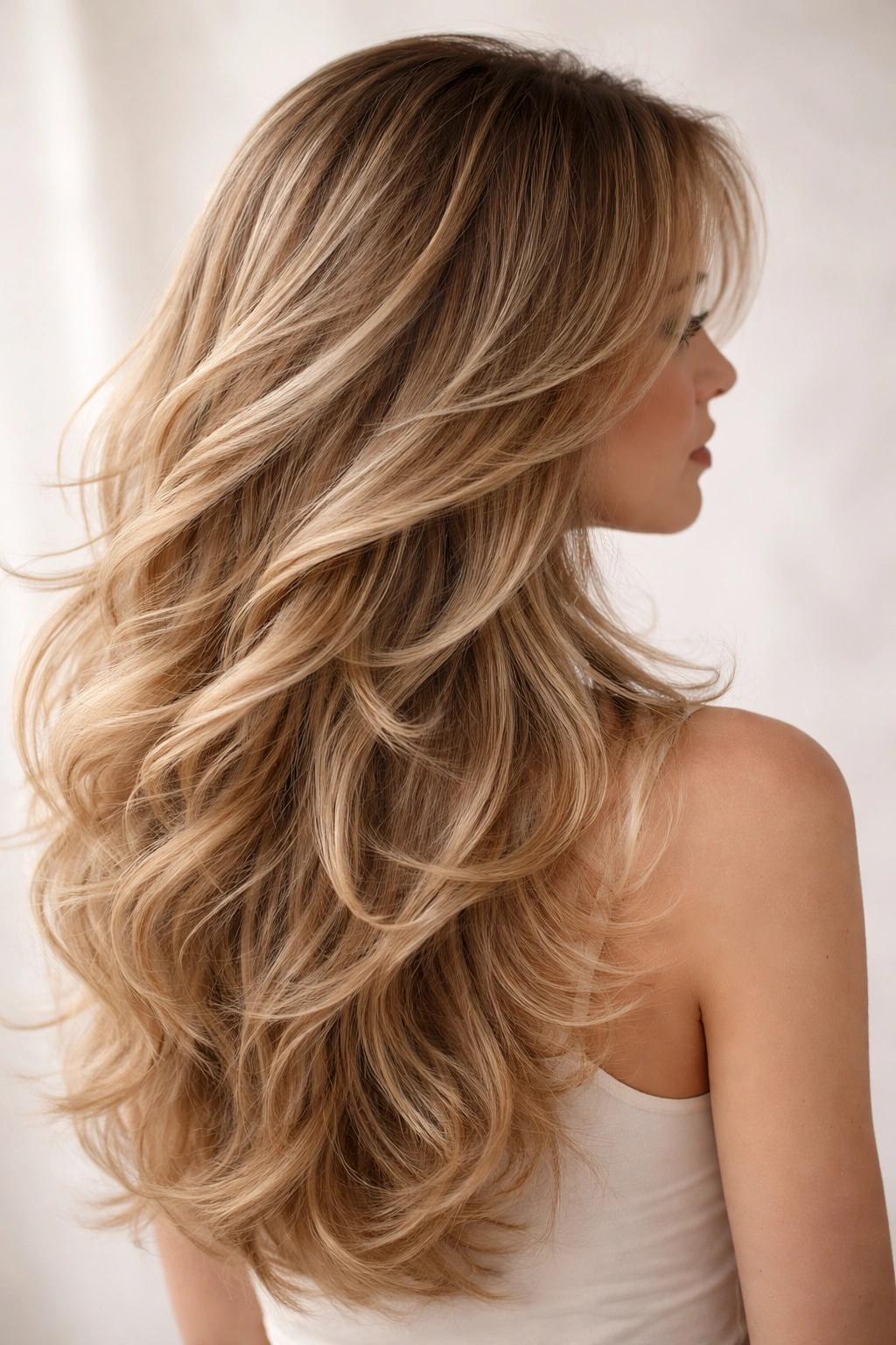 Close-up of wispy feathered waves in a butterfly-cut hairstyle with soft movement